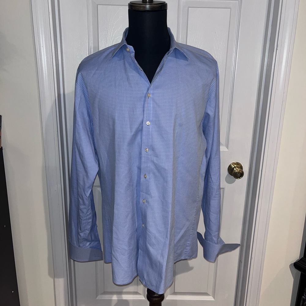 Thomas Pink Light Blue Check Dress Shirt Size 17.5